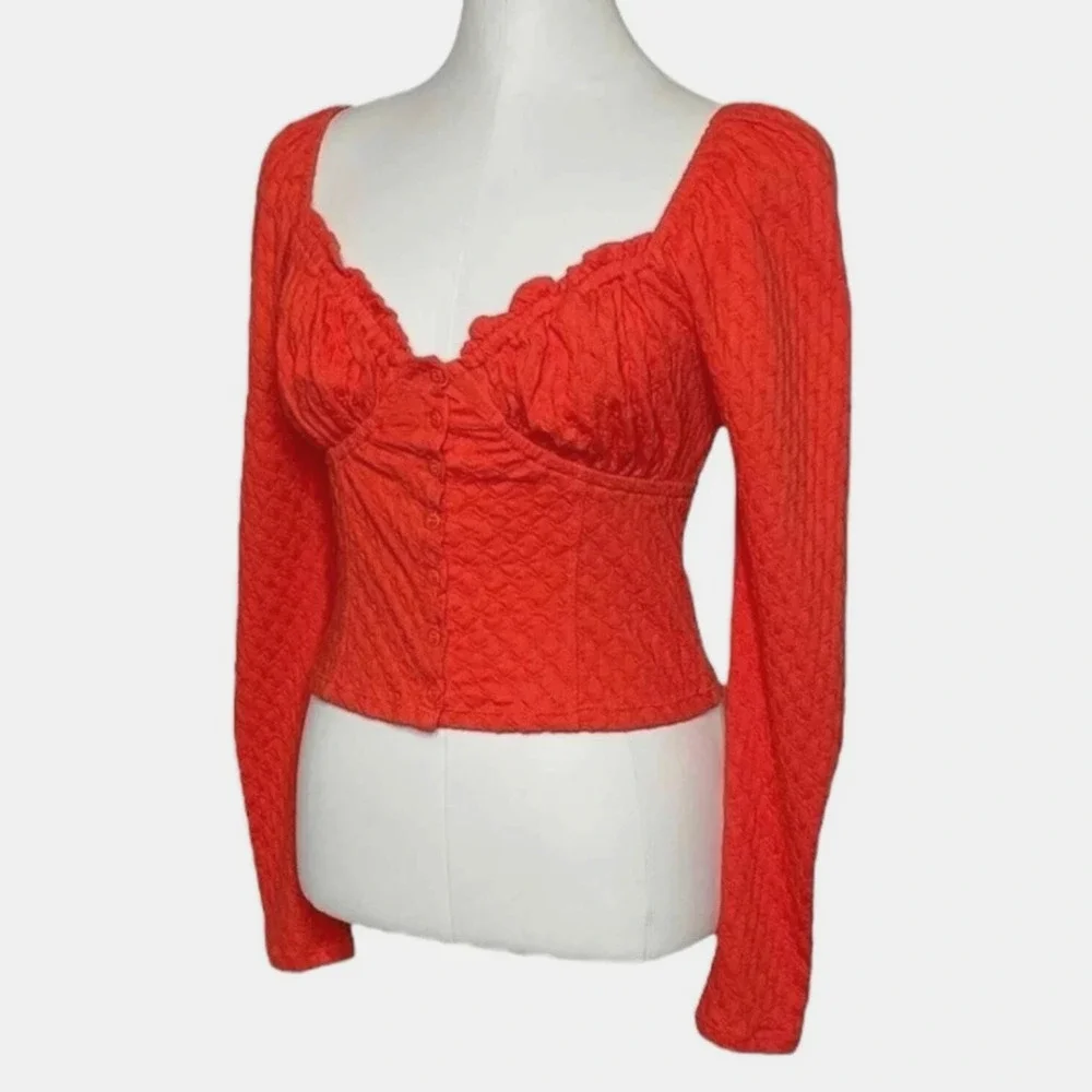 Free People Ladybug Long Sleeve Boho Top S Flambe‎ Red Cropped Puff slv Milkmaid
